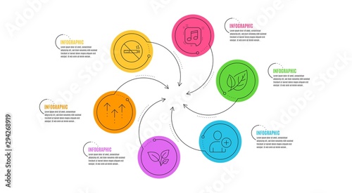 Leaf, Add user and Swipe up line icons set. Infographic timeline. No smoking, Musical note and Leaves signs. Ecology, Profile settings, Scrolling arrow. Stop smoke. Business set. Vector