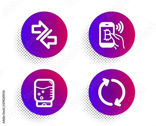 Bitcoin pay, Synchronize and Water cooler icons simple set. Halftone dots button. Refresh sign. Mobile payment, Communication arrows, Office drink. Rotation. Business set. Vector