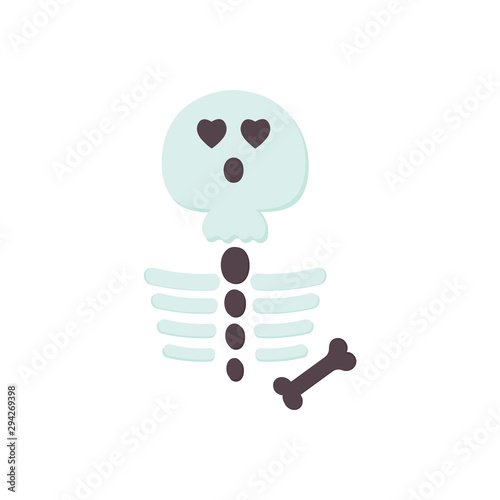 Cute Halloween Skeleton flat icon isolated on white background. Cartoon character for holidays design. Traditional symbol of Helloween and The Day of the Dead in Mexico. Printable.