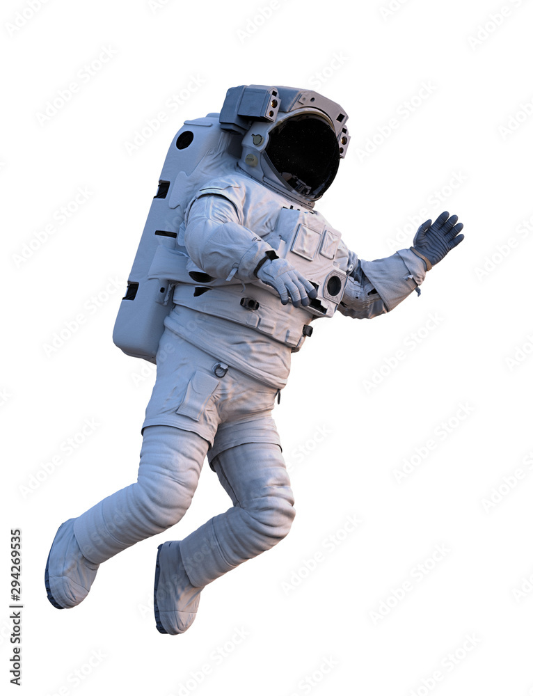 astronaut floating in outer space, isolated on white background
