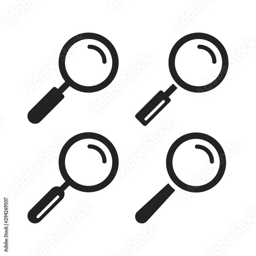 Magnifying glass icons set. Black magnifier symbols. Magnify, search concepts. Vector icons