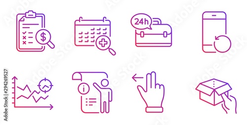24h service, Manual doc and Recovery phone line icons set. Medical calendar, Seo analysis and Touchscreen gesture signs. Accounting report, Hold box symbols. Support, Project info. Vector