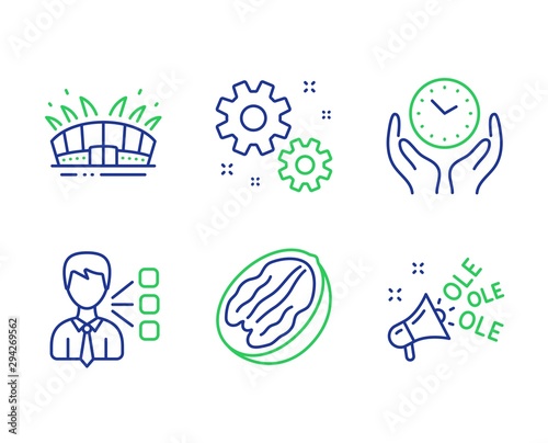 Third party, Safe time and Work line icons set. Arena stadium, Pecan nut and Ole chant signs. Team leader, Hold clock, Settings. Sport complex. Business set. Line third party outline icons. Vector