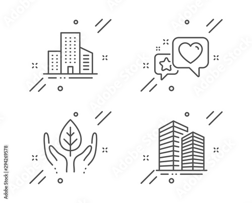 Heart, Fair trade and Buildings line icons set. Skyscraper buildings sign. Star rating, Safe nature, City architecture. Town architecture. Line heart outline icon. Vector