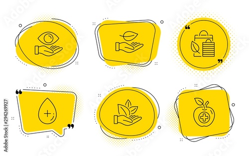 Oil serum, Health eye and Medical food signs. Chat bubbles. Leaf, Bio shopping and Organic product line icons set. Plant care, Leaf, Cosmetic care. Optometry. Healthcare set. Line leaf icon. Vector