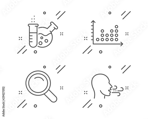 Chemistry lab, Search and Dot plot line icons set. Breathing exercise sign. Laboratory, Magnifying glass, Presentation graph. Breath. Science set. Line chemistry lab outline icon. Vector