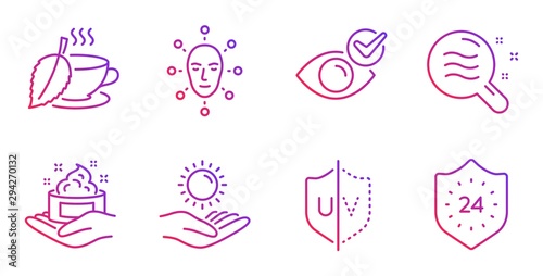 Skin care, Skin condition and Uv protection line icons set. Face biometrics, Mint tea and Sun protection signs. Check eye, 24 hours symbols. Hand cream, Search magnifier. Medical set. Vector