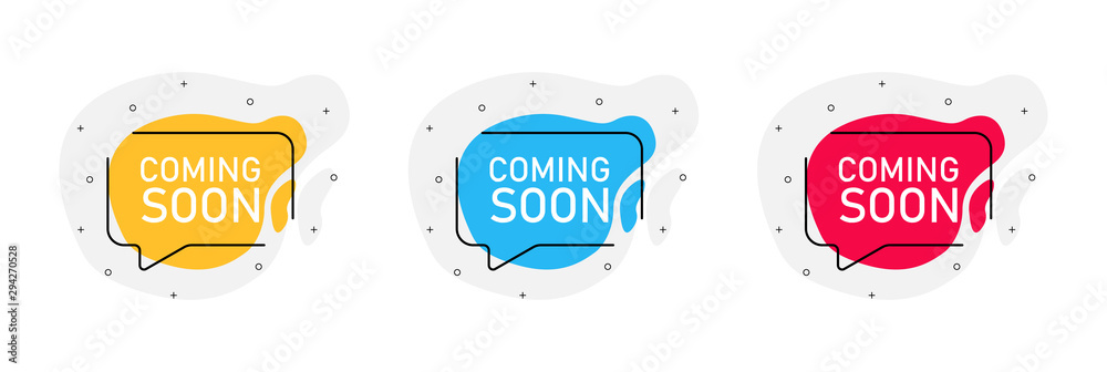 Obraz premium Coming soon. Three vector badge illustrations on white background. Quotes yellow, blue and red color.