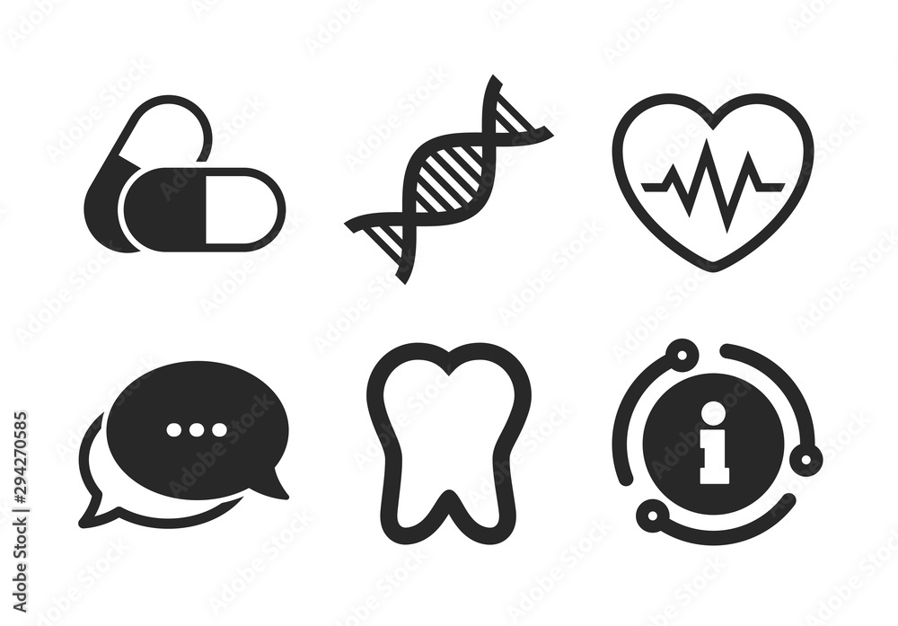 Obraz premium Pills, tooth, DNA and heart cardiogram signs. Chat, info sign. Maternity icons. Heartbeat symbol. Deoxyribonucleic acid. Dental care. Classic style speech bubble icon. Vector