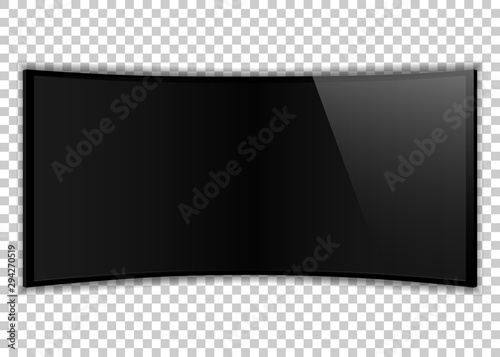 One black realistic TV screen. Large computer monitor display mockup. Blank television template on transparent background.