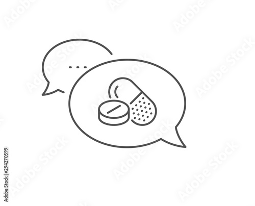 Medical drugs line icon. Chat bubble design. Medicine pills sign. Pharmacy medication symbol. Outline concept. Thin line medical drugs icon. Vector
