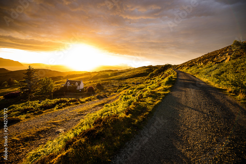 Beautiful scenic landscape of Scotland nature with beautiful evening sun set sky.