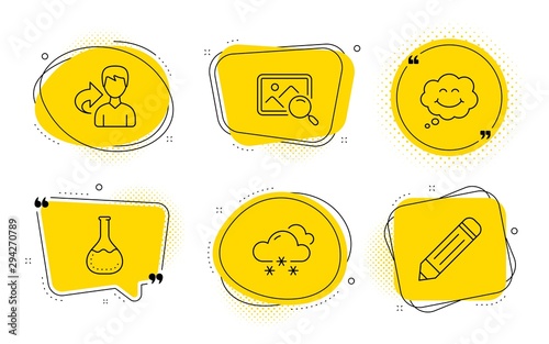Chemistry lab, Search photo and Pencil signs. Chat bubbles. Share, Smile and Snow weather line icons set. Male user, Comic chat, Snowflake. Laboratory. Business set. Line share icon. Vector