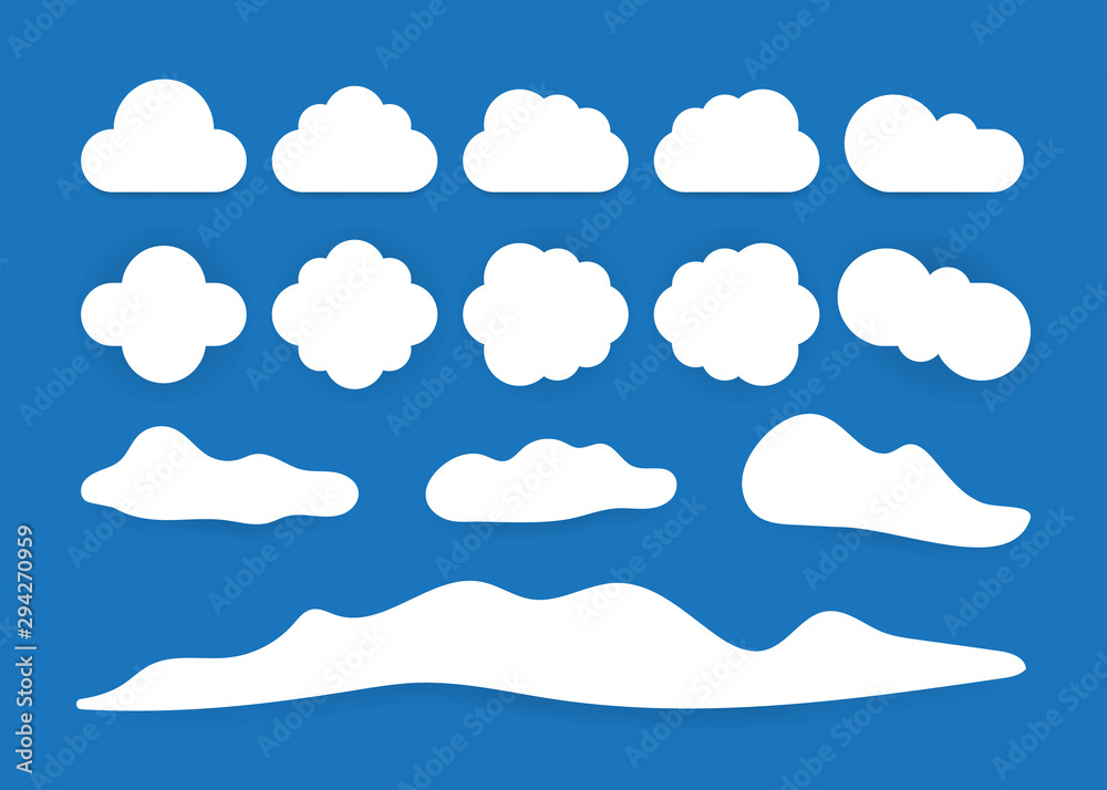 Big set clouds vector icon white color on blue background. Vector illustration.