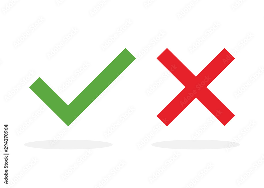 Obraz premium Tick and cross signs. Green check mark OK and red NO icon on white background. Simple marks graphic design. Vector illustration.