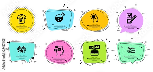 Checkbox, Business portfolio and Messages line icons set. Chat bubbles with quotes. Idea, T-shirt design and Ranking signs. Chemistry lab, Salary symbols. Survey choice, Job interview. Vector