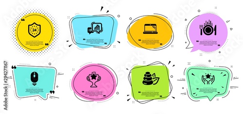 Spa stones, Graph chart and Scroll down line icons set. Chat bubbles with quotes. Food, Ranking and 24 hours signs. Laptop, Victory symbols. Bath, Growth report. Business set. Vector