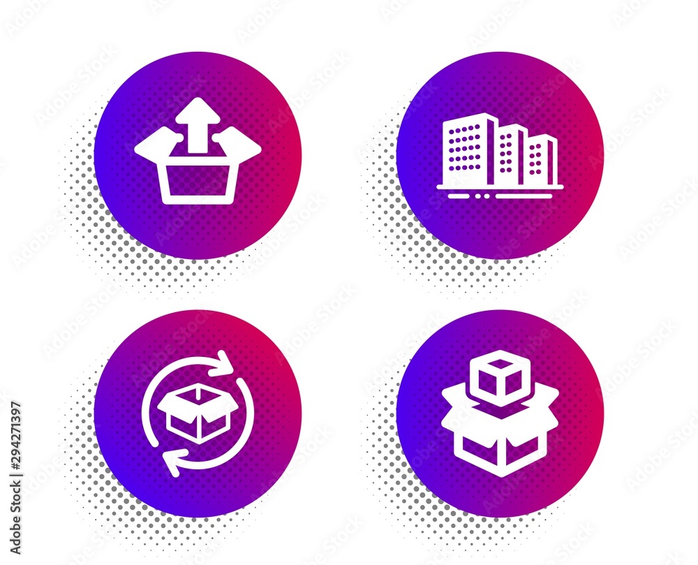 Return parcel, Send box and Buildings icons simple set. Halftone dots button. Packing boxes sign. Exchange of goods, Delivery package, City architecture. Industrial set. Vector Return parcel, Send box and Buildings icons simple set. Halftone dots button. Packing boxes sign. Exchange of goods, Delivery package, City architecture. Industrial set. Vector
