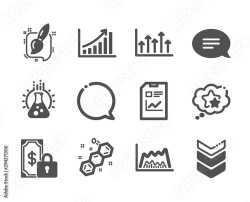Set of Education icons, such as Private payment, Speech bubble, Painting brush, Trade chart, Growth chart, Shoulder strap, Report document, Ranking stars, Chat, Chemical formula. Vector