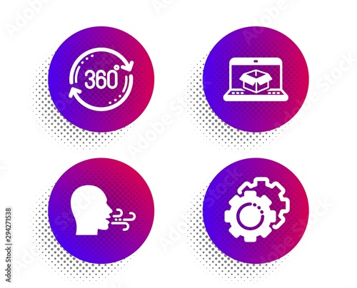Full rotation, Breathing exercise and Online delivery icons simple set. Halftone dots button. Settings gears sign. 360 degree, Breath, Parcel tracking website. Technology process. Vector