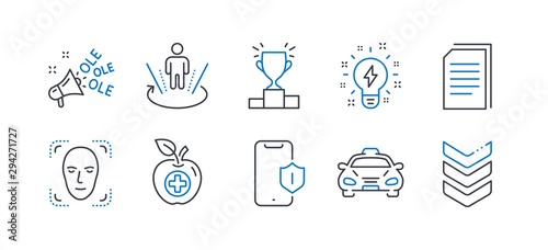 Set of Business icons, such as Medical food, Augmented reality, Smartphone protection, Face detection, Winner podium, Ole chant, Copy files, Taxi, Inspiration, Shoulder strap line icons. Vector