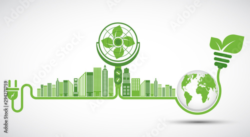 Ecology and Fan Concept,Earth Symbol With Green Leaves Around Cities Help The World With Eco-Friendly Ideas