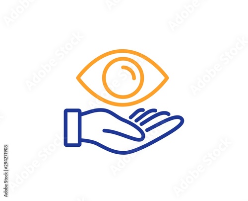 Oculist clinic sign. Eye care line icon. Optometry vision symbol. Colorful outline concept. Blue and orange thin line health eye icon. Vector