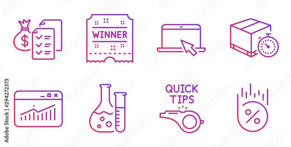 Portable computer, Winner ticket and Chemistry lab line icons set. Tutorials, Website statistics and Delivery timer signs. Accounting wealth, Loan percent symbols. Vector