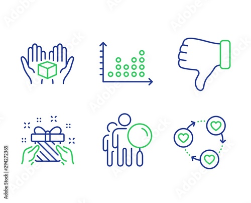 Dot plot, Search people and Gift line icons set. Dislike hand, Hold box and Friends community signs. Presentation graph, Find employee, Present. Thumbs down. Business set. Vector