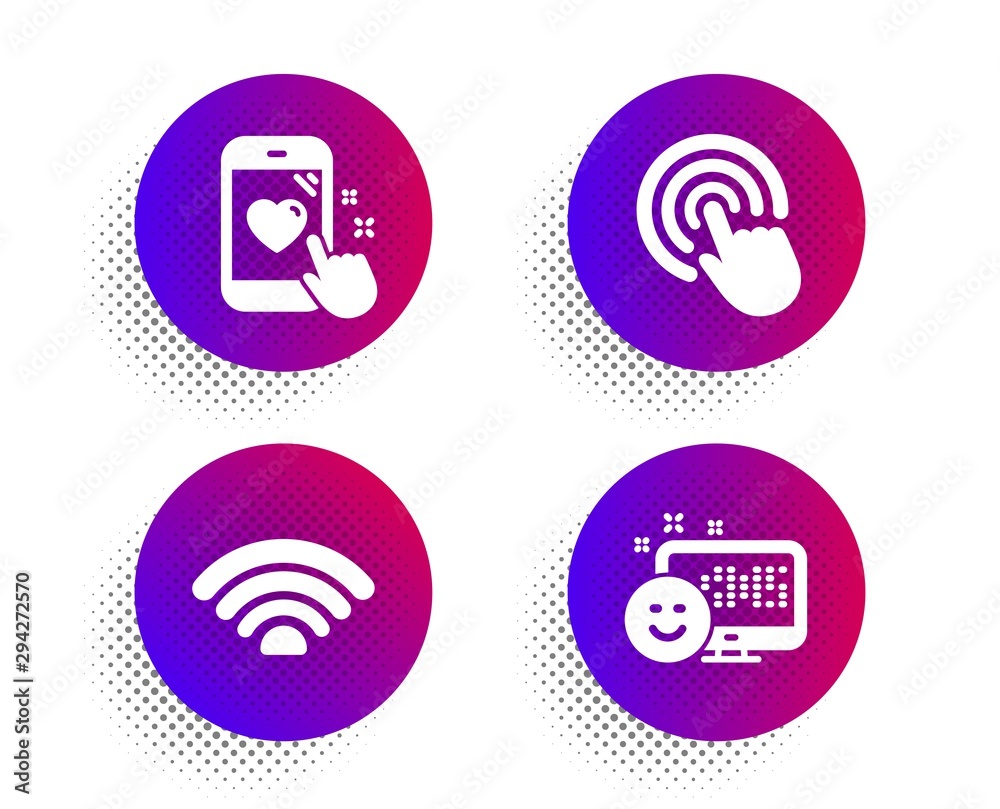 Wifi, Click and Heart rating icons simple set. Halftone dots button. Smile sign. Wi-fi internet, Cursor pointer, Phone feedback. Positive feedback. Technology set. Classic flat wifi icon. Vector Wifi, Click and Heart rating icons simple set. Halftone dots button. Smile sign. Wi-fi internet, Cursor pointer, Phone feedback. Positive feedback. Technology set. Classic flat wifi icon. Vector
