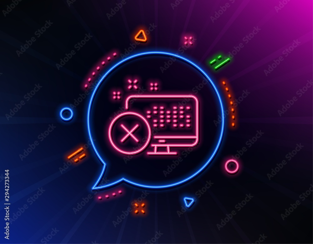 Reject web access line icon. Neon laser lights. Decline monitor sign. Delete device. Glow laser speech bubble. Neon lights chat bubble. Banner badge with reject access icon. Vector