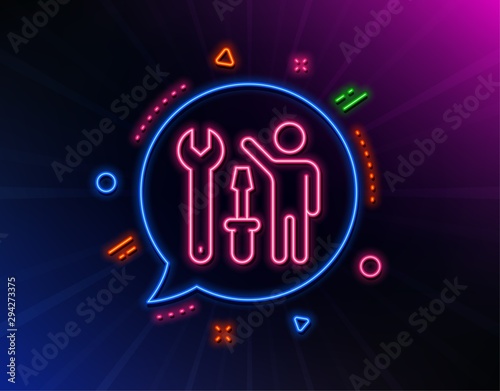 Spanner tool line icon. Neon laser lights. Repairman service sign. Fix instruments symbol. Glow laser speech bubble. Neon lights chat bubble. Banner badge with repairman icon. Vector