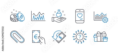 Set of Business icons, such as Bitcoin, Question mark, Love chat, Cashback, Operational excellence, Finance, Investment, Paper clip, Chemistry lab, Holiday presents line icons. Vector