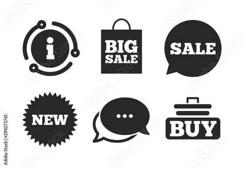 Buy cart symbol. Chat, info sign. Sale speech bubble icon. New star circle sign. Big sale shopping bag. Classic style speech bubble icon. Vector