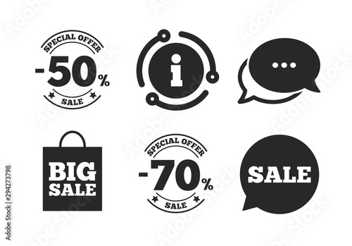 50% and 70% percent discount symbols. Chat, info sign. Sale speech bubble icon. Big sale shopping bag sign. Classic style speech bubble icon. Vector