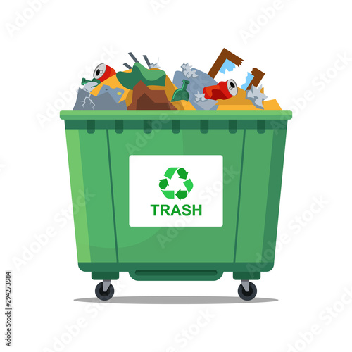 The green trash can is full of waste. flat vector illustration