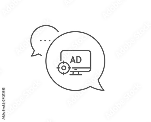 Seo adblock line icon. Chat bubble design. Search engine optimization sign. Target symbol. Outline concept. Thin line seo adblock icon. Vector