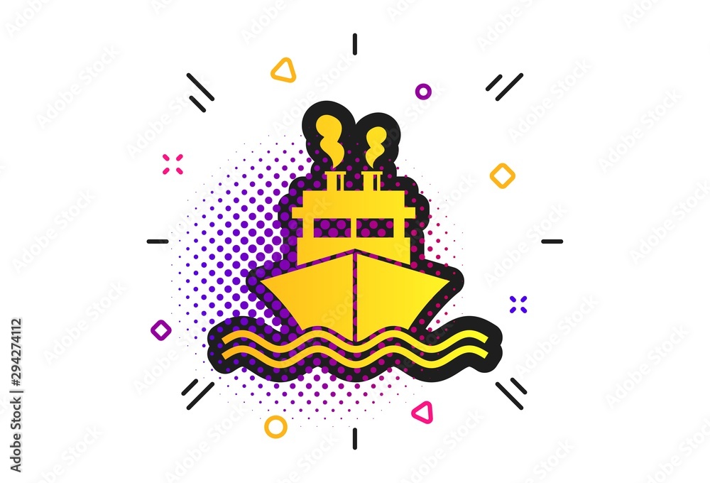 Ship or boat sign icon. Halftone dots pattern. Shipping delivery symbol. Smoke from chimneys or pipes. Classic flat ship icon. Vector Ship or boat sign icon. Halftone dots pattern. Shipping delivery symbol. Smoke from chimneys or pipes. Classic flat ship icon. Vector