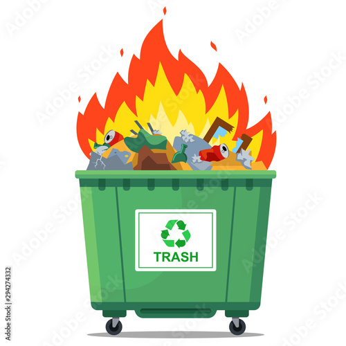 burning waste bin. flat vector illustration. green container
