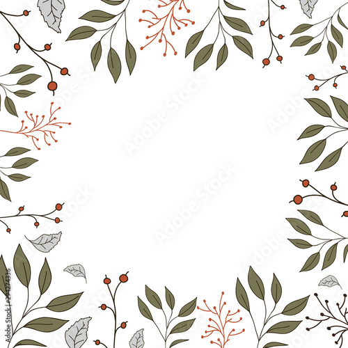 Frame of green leaves and red berries. Freehand vector illustration. Botanic design for postcard or banner.