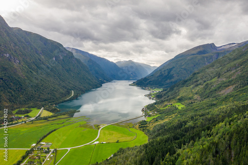 Aerial View of Fjaerland and Fjord near Norsk Bremuseum,Norway