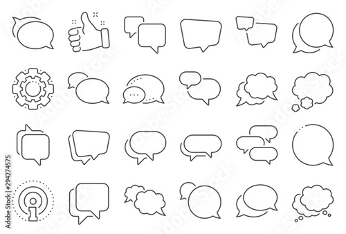Speech bubbles line icons. Social media message, comic bubbles and chat. Think sticker, Comment speech and talk bubble icons. Discussion balloon, chatting box, cartoon message. Line signs set. Vector