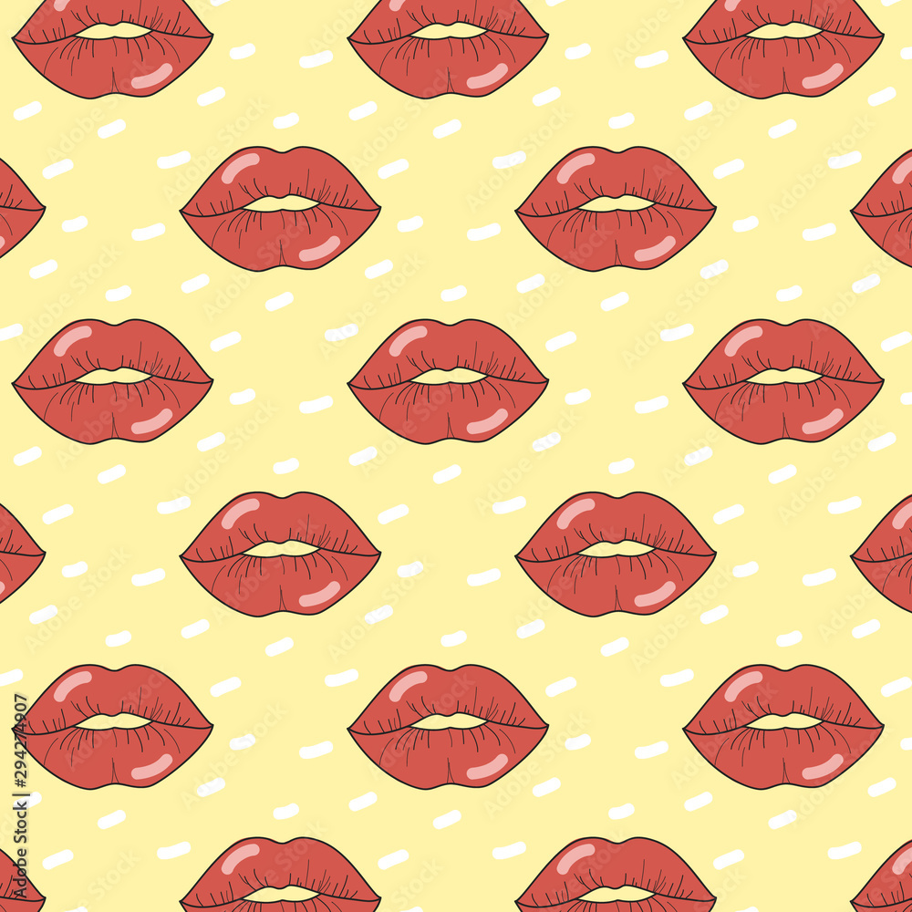 Vector pattern with prints of red lips. A splendid ornament with kisses on a yellow background Vector pattern with prints of red lips. A splendid ornament with kisses on a yellow background