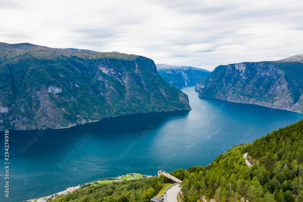 Naklejka premium Aerial view of Stegastein Viewpoint.Experience the spectacular viewing platform, 650 meters above Aurlands fjord.