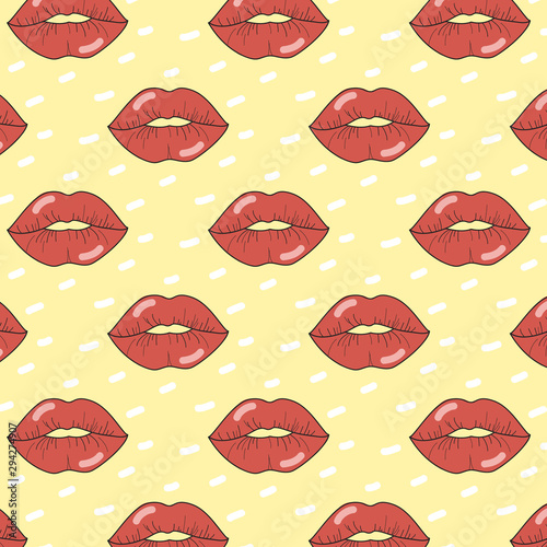Vector pattern with prints of red lips. A splendid ornament with kisses on a yellow background