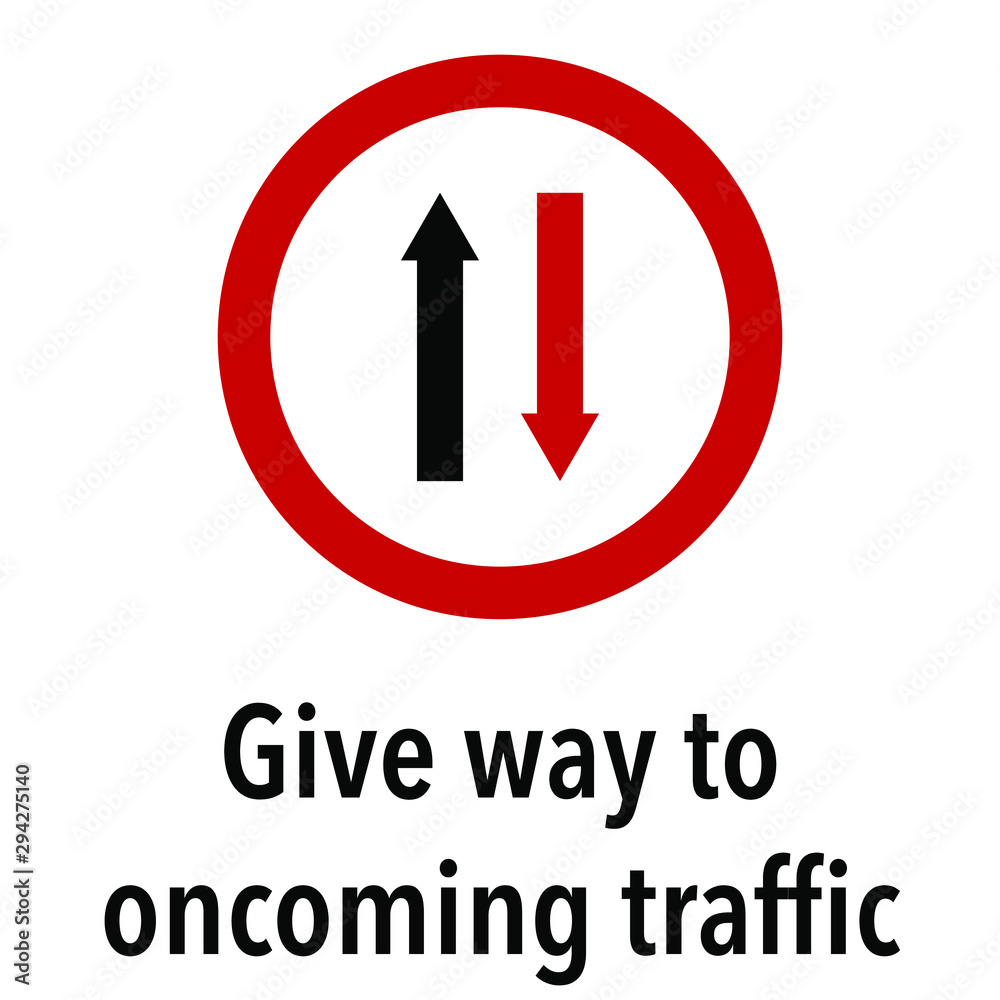 Give way to oncoming traffic Information and Warning Road, caution traffic street sign, vector illustration isolated on white background for learning, education, driving courses, sticker, icon. Give way to oncoming traffic Information and Warning Road, caution traffic street sign, vector illustration isolated on white background for learning, education, driving courses, sticker, icon.