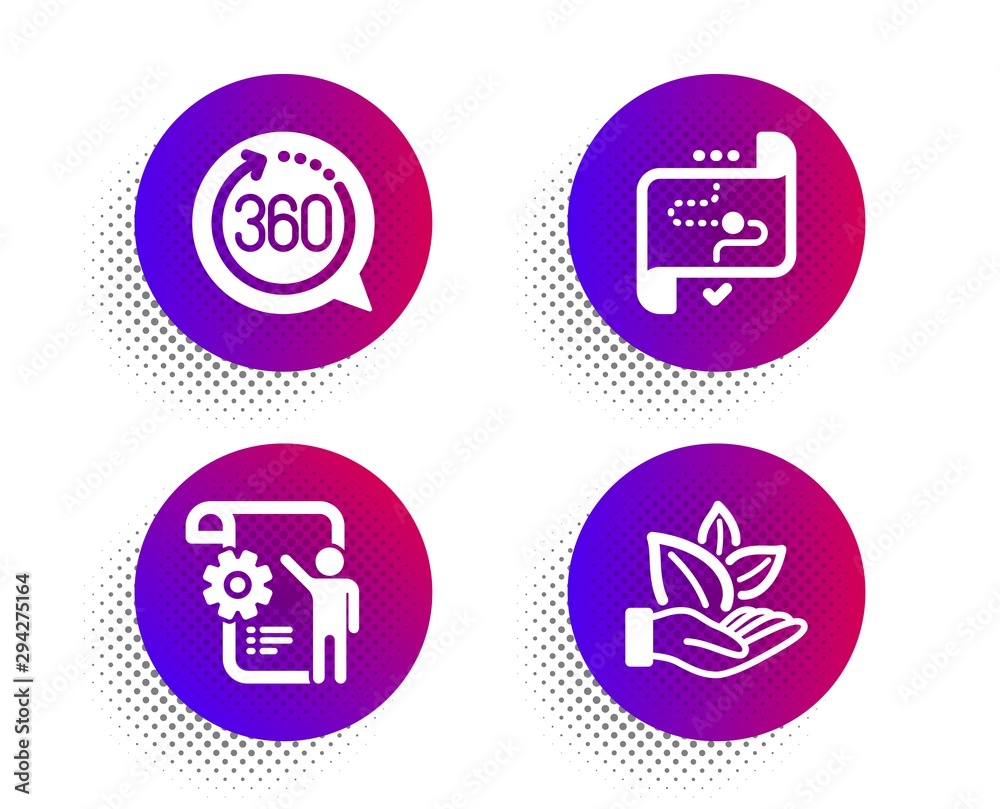 360 degrees, Settings blueprint and Target path icons simple set. Halftone dots button. Organic product sign. Full rotation, Engineering cogwheel, Business aim. Leaf. Science set. Vector