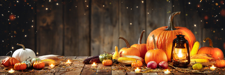 Wooden Table With Lantern And Candles Decorated With Pumpkins, Corncobs, Apples And Gourds With Wooden Background - Thanksgiving / Harvest Concept