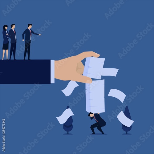 Business flat vector concept manager put more paper to businessman for work metaphor of overwork.