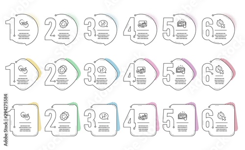 Settings gears, 360 degree and Technical documentation line icons set. Infographic timeline. Timer, Sleep and Candlestick chart signs. Technology process, Virtual reality, Manual. Vector
